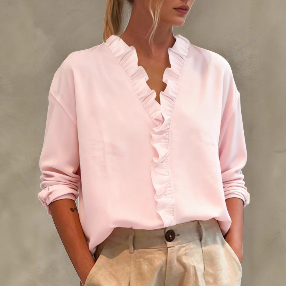 Damen Elegante V-Ausschnitt Bluse mit Volantbesatz und lockerem Oversize-Schnitt Shop Nory