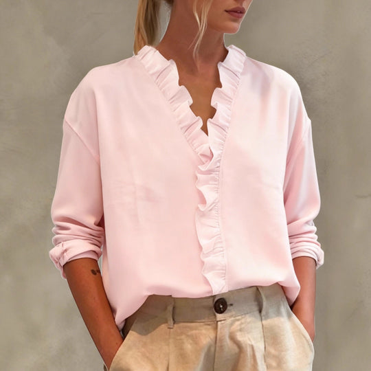 Damen Elegante V-Ausschnitt Bluse mit Volantbesatz und lockerem Oversize-Schnitt Shop Nory