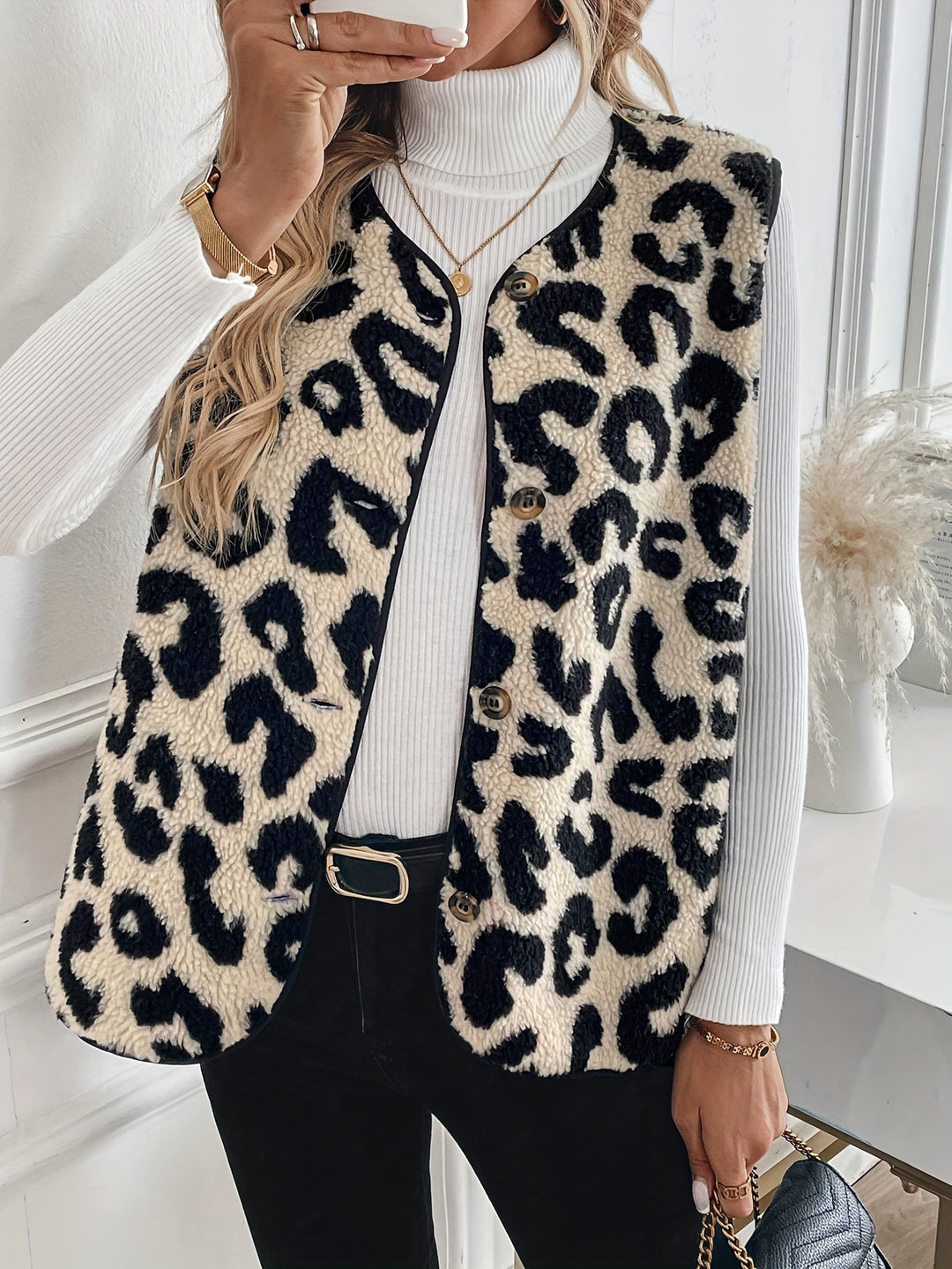 Damen nan gefütterte Teddyweste mit Leopardenstruktur, Knopfleiste und steppeinsätzen Shop Nory