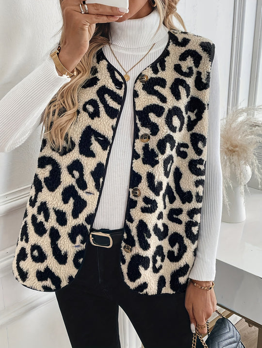 Damen nan gefütterte Teddyweste mit Leopardenstruktur, Knopfleiste und steppeinsätzen Shop Nory