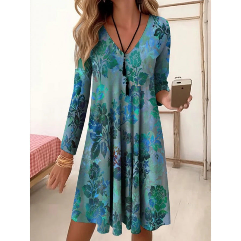 Damen V-Ausschnitt Freizeitkleid mit floraler Gestaltung und seitlichen Taschen