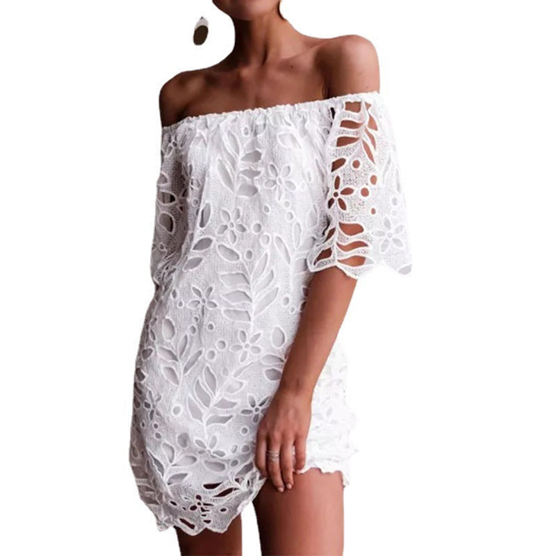 Damen Off-Shoulder Kleid mit floralen Cut-Outs und luftigen Ärmeln
