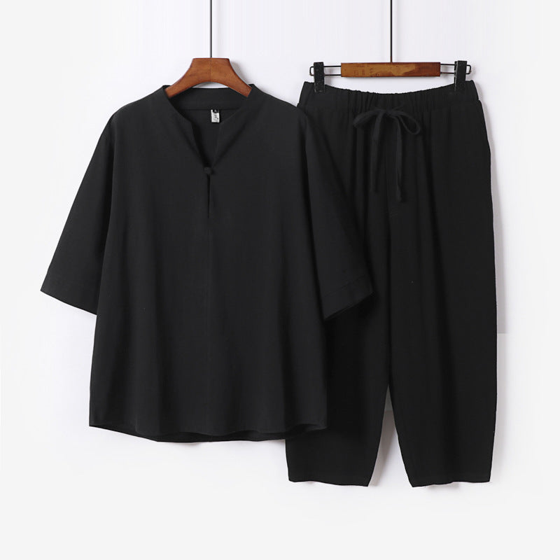 Damen Leichtes Leinen-Baumwoll-Loungewear-Set mit Stehkragen, Dreiviertelärmeln und Gummizugbundhose Shop Nory