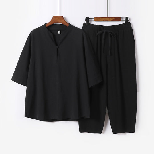 Damen Leichtes Leinen-Baumwoll-Loungewear-Set mit Stehkragen, Dreiviertelärmeln und Gummizugbundhose Shop Nory