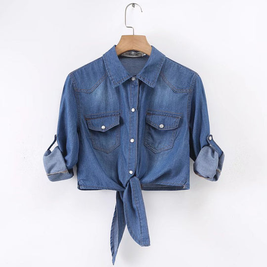 Damen Geknotete Denim Kurzbluse mit Brusttaschen und hochgekrempelten Ärmeln Shop Nory