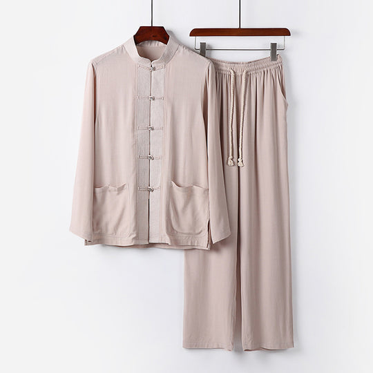 Herren Traditionelles Baumwoll-Loungewear-Set mit Stehkragen Knotenknöpfen und Kordelbundhose Shop Nory