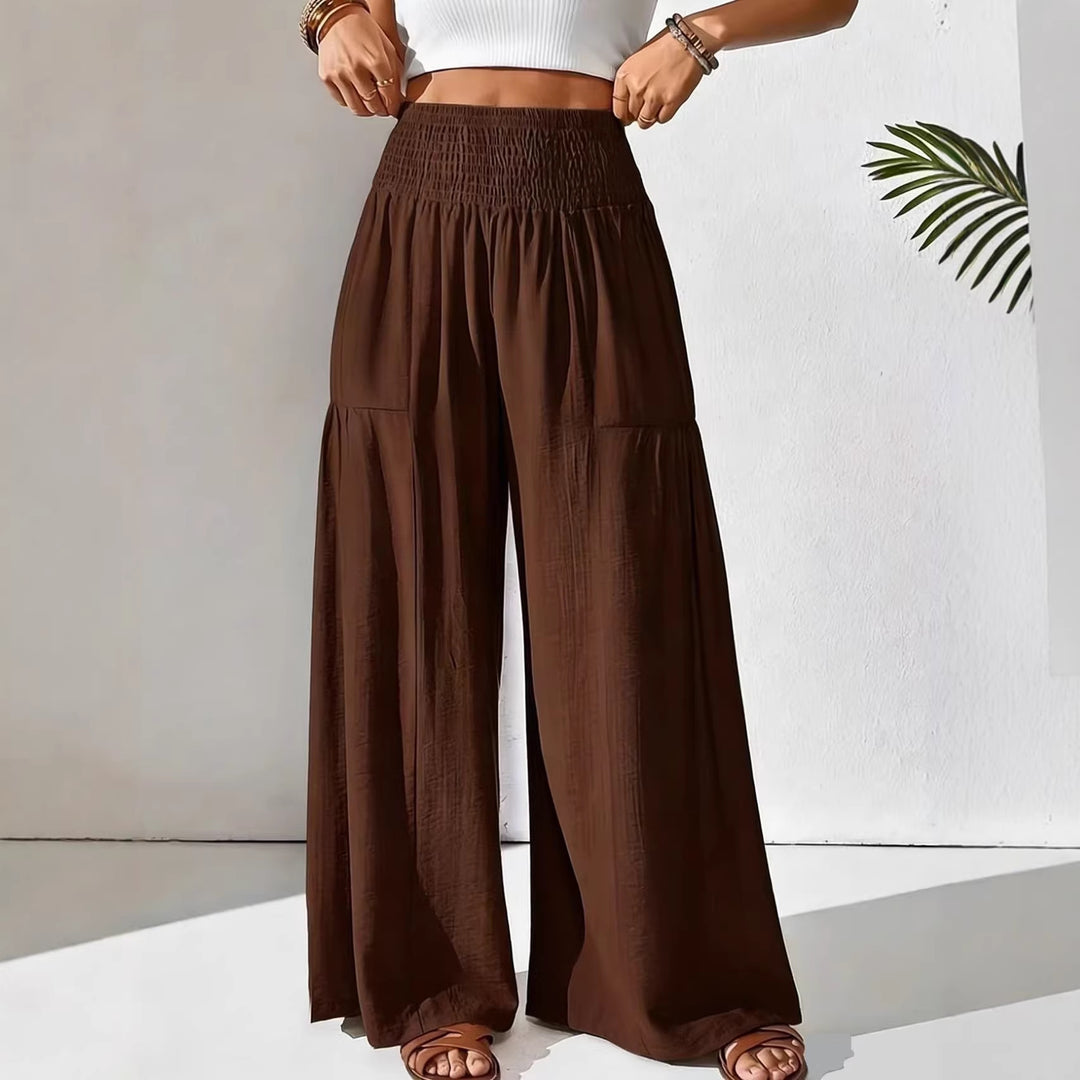 Damen weite Palazzo-Hose mit gerafftem Smock-Bund und Stufendetails Shop Nory