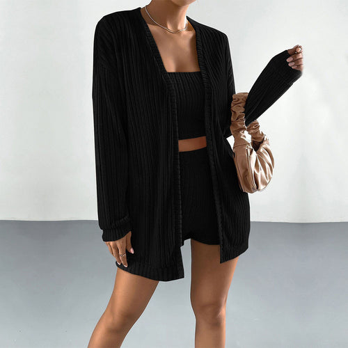 Damen gerippter Lounge-Zweiteiler mit offenem Longcardigan, tailliertem Bustier-Top und High‑Waist-Shorts Shop Nory