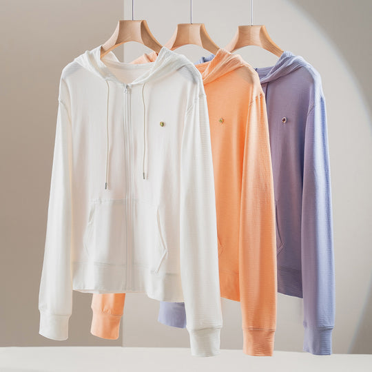 Damen leichte Kapuzen-Sweatjacke aus Slub-Jersey mit durchgehendem Reißverschluss und Kängurutaschen Shop Nory