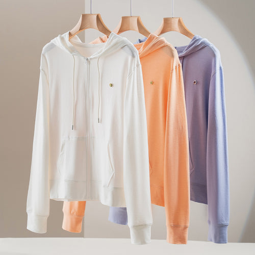 Damen leichte Kapuzen-Sweatjacke aus Slub-Jersey mit durchgehendem Reißverschluss und Kängurutaschen Shop Nory