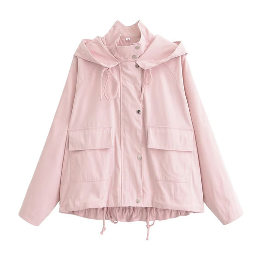 Damen Kurze wasserabweisende Kapuzenjacke mit Tunnelzug, Druckknopfleiste und Pattentaschen Shop Nory