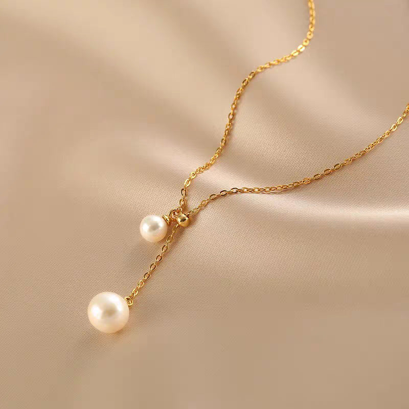 Damen Elegante Doppelperle Tropf Halskette Shop Nory