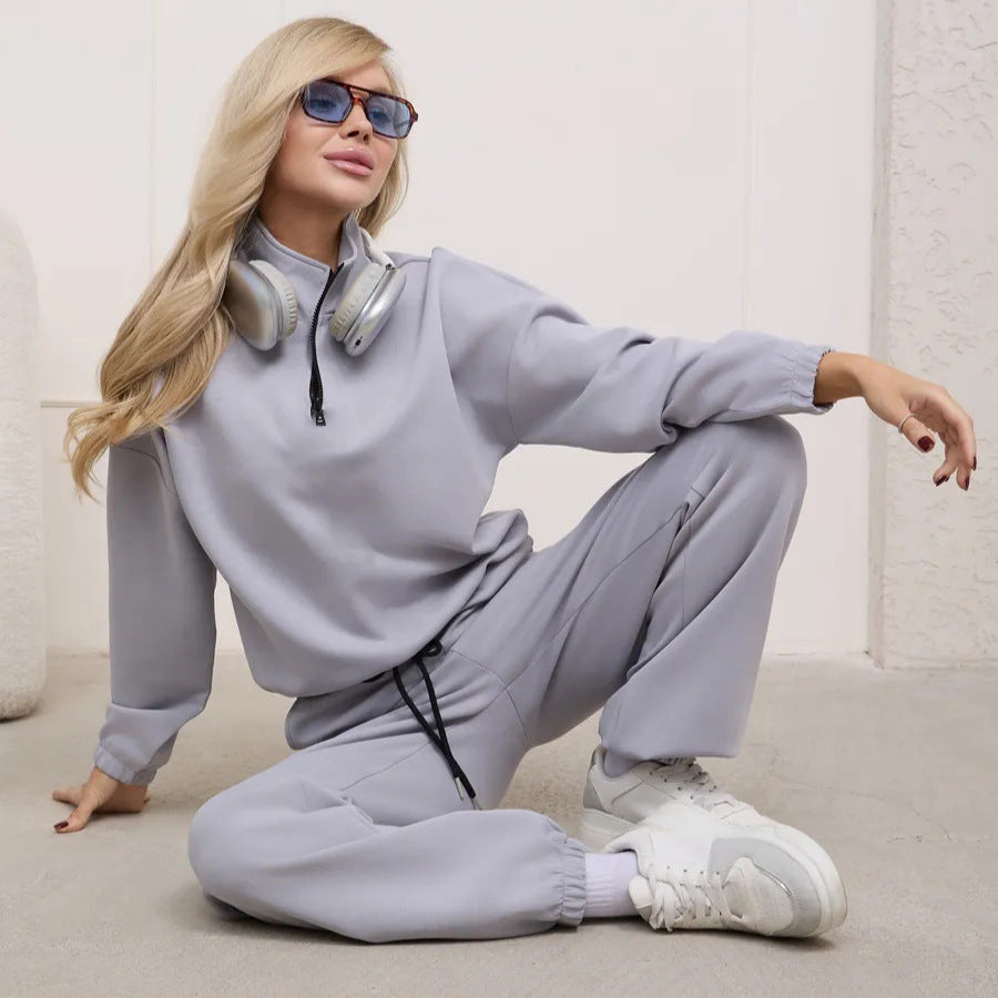 Damen weiches Lounge-Set mit halbem Reißverschluss, Kordelzughose und elastischen Bündchen Shop Nory