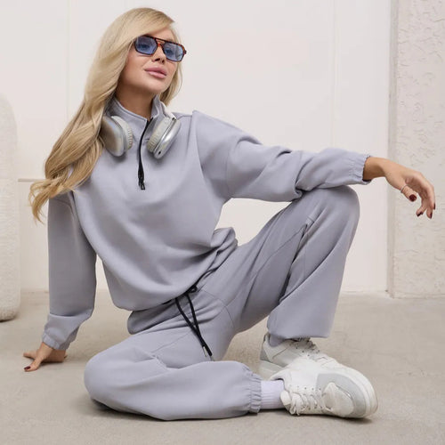 Damen weiches Lounge-Set mit halbem Reißverschluss, Kordelzughose und elastischen Bündchen Shop Nory
