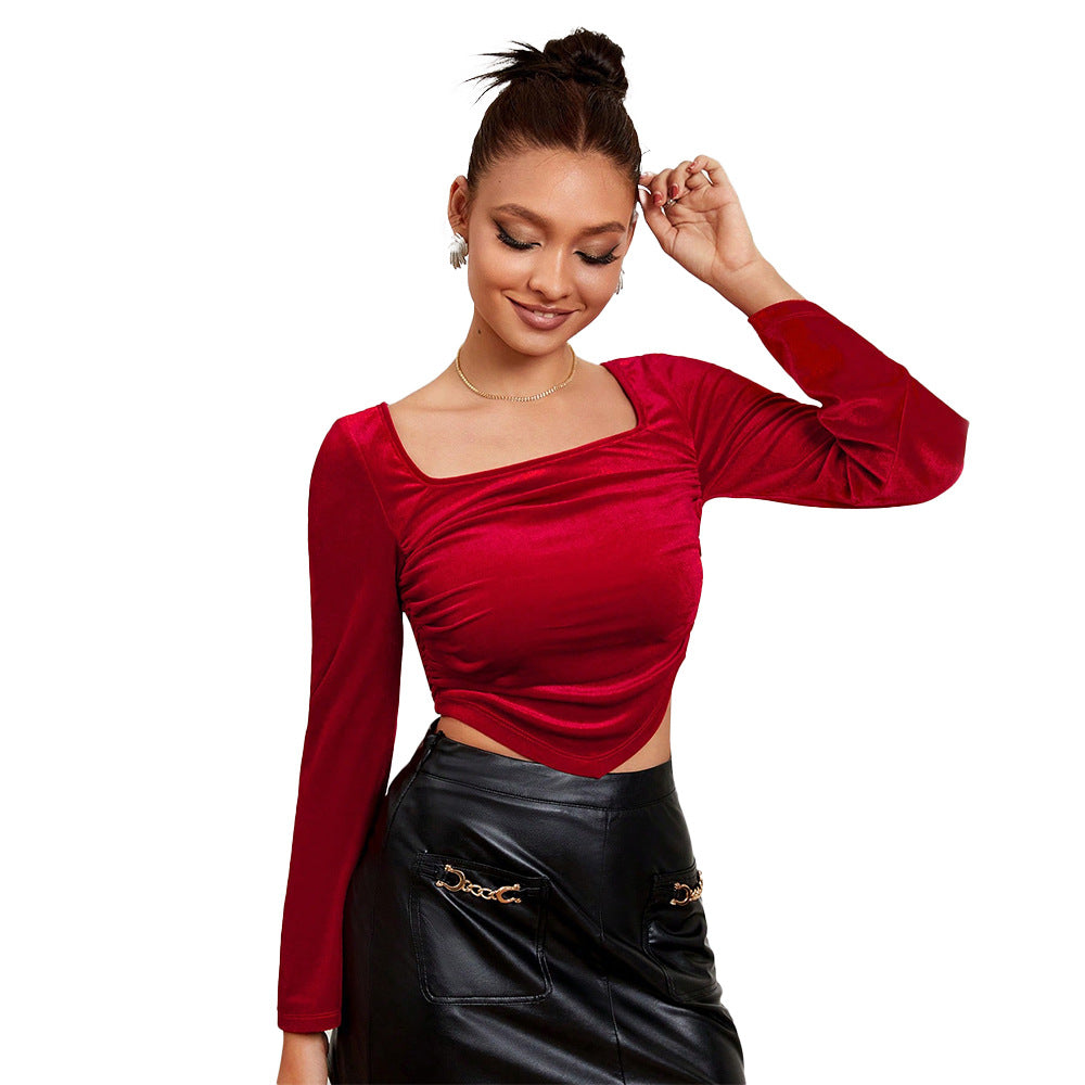 Damen Samt-Cropped-Top mit quadratischem Ausschnitt, seitlicher Raffung und Glockenärmeln Shop Nory