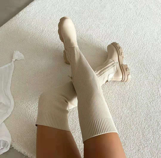 Damen knielange Strickschaft-Chelsea-Boots mit kontrastfarbiger Profilsohle Shop Nory