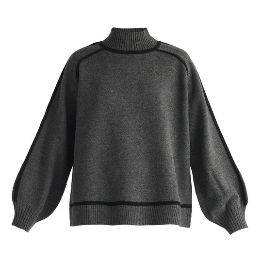 Damen Rollkragen-Feinstrickpullover mit kontrast-Keder und weitem Relax-Fit Shop Nory