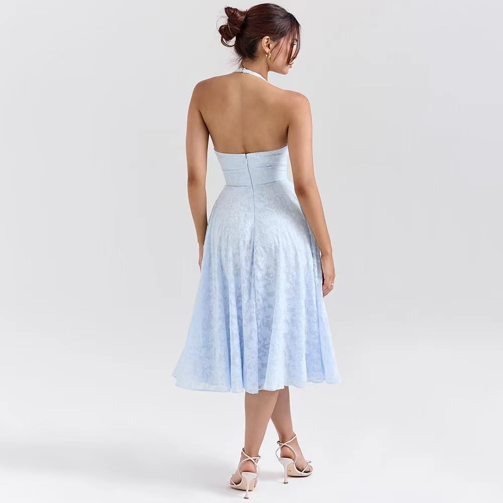 Damen Elegantes Midikleid mit tiefem V-Ausschnitt und schwingendem Rock