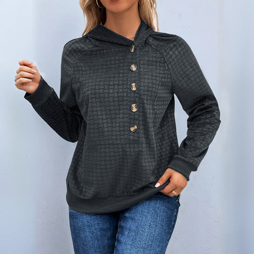Damen Texturiertes Kapuzen-Henley-Pullover mit Knopfleiste und Kängurutasche Shop Nory