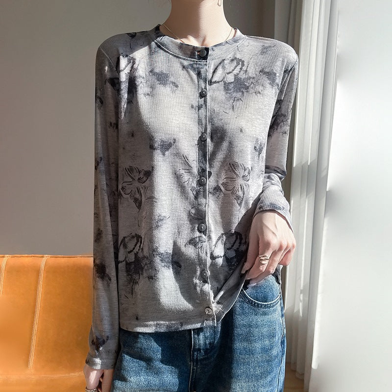 Damen Leichter Aquarell‑Print Feinstrick‑Cardigan mit Rundhalsausschnitt und Knopfleiste Shop Nory