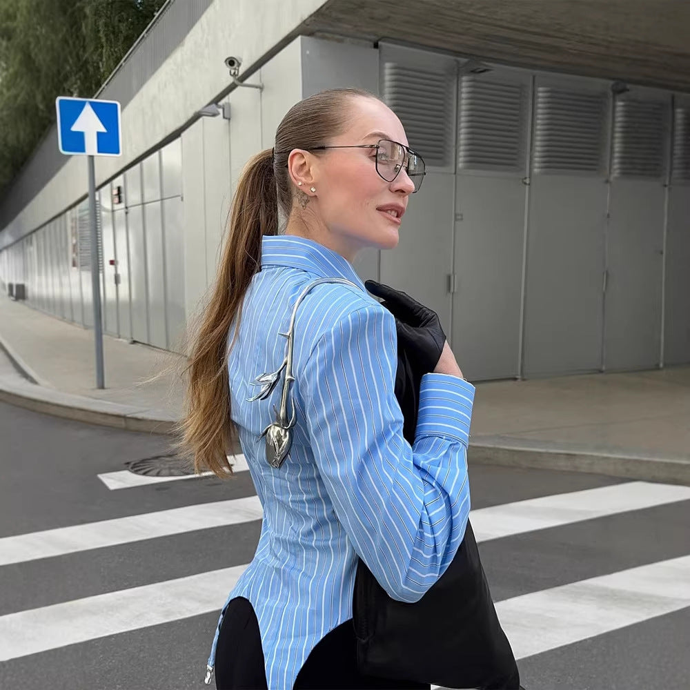 Damen Taillierte Streifen-Hemdbluse mit spitzem Schößchen und Taillenraffung Shop Nory