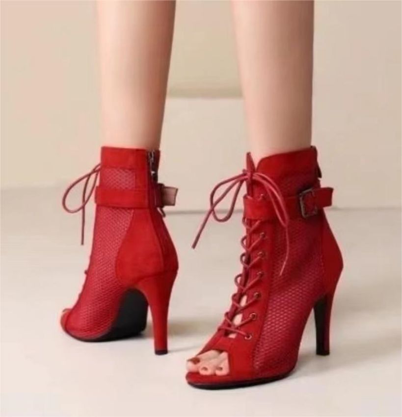 Damen Netz-Stiefeletten mit eleganter Schnürung und hohem Absatz