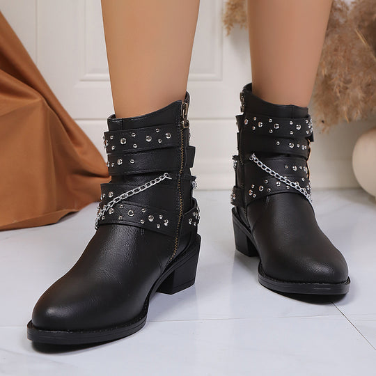 Damen Nietenbesetzte Stiefelette mit Ketten‑ und Schnallen‑Details Shop Nory