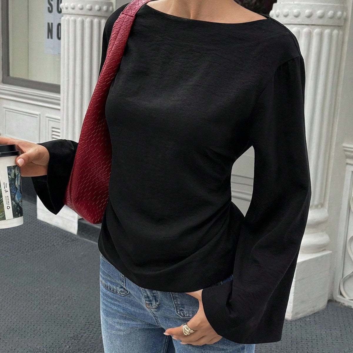 Damen elegantes Oberteil mit weitem Ärmel und schickem Bund