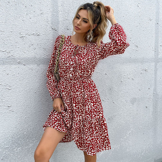 Damen Leoprint-Volantkleid mit Bindeschleife, Gummizugtaillen und langen Ärmeln Shop Nory