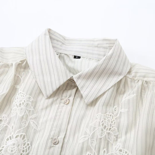 Damen Gestreifte Bluse mit zarter Spitzenstickerei und 3/4‑Ballonärmel Shop Nory