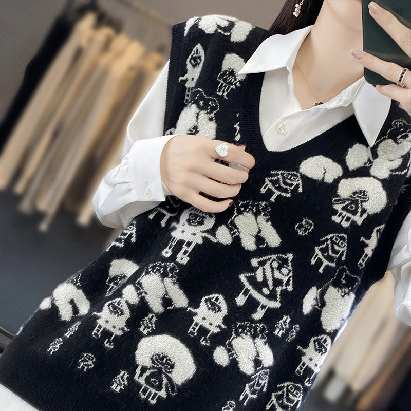 Damen Oversize-Strickweste mit V‑Ausschnitt und verspieltem Jacquard‑Motiv Shop Nory