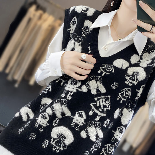 Damen Oversize-Strickweste mit V‑Ausschnitt und verspieltem Jacquard‑Motiv Shop Nory
