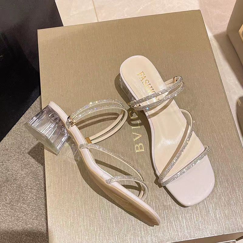 Damen elegante Statement-Sandaletten mit transparentem Blockabsatz und funkelnden Riemchen