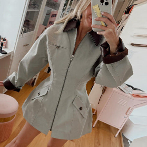 Damen Oversize-Jacke aus Lederoptik mit kontrastierendem Hemdkragen und Reißverschluss Shop Nory