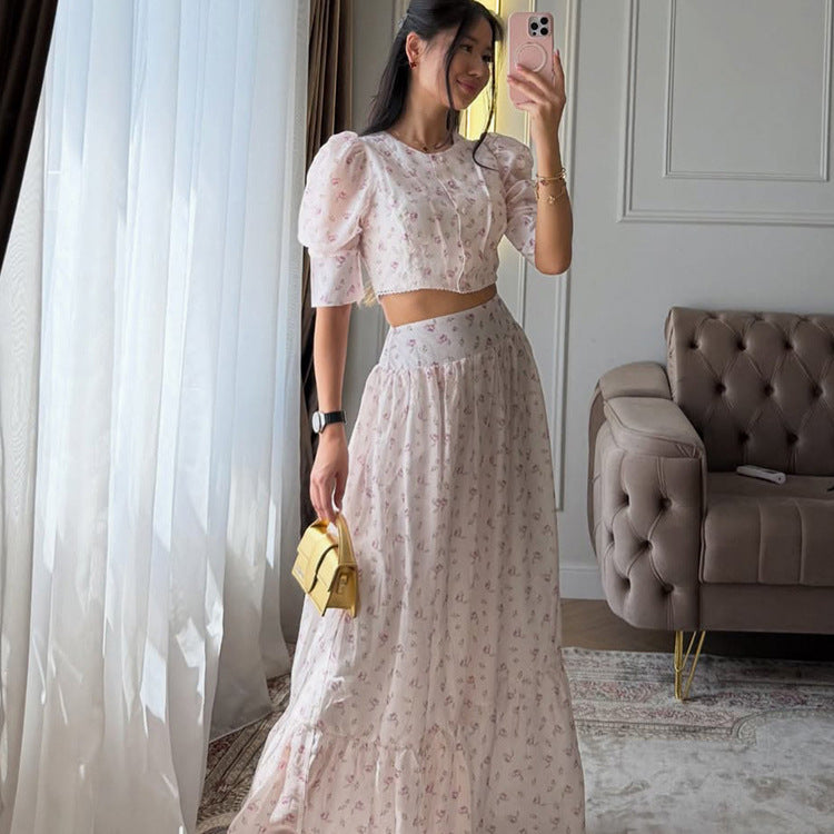 Damen Zweiteiliges Chiffon-Set mit Cropped-Puffbluse und Stufen-Maxirock Shop Nory