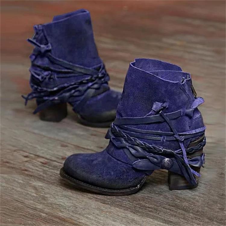 Damen Vintage Western-Ankleboots aus Velourslederoptik mit geflochtenen Zierriemen und niedrigem Blockabsatz Shop Nory