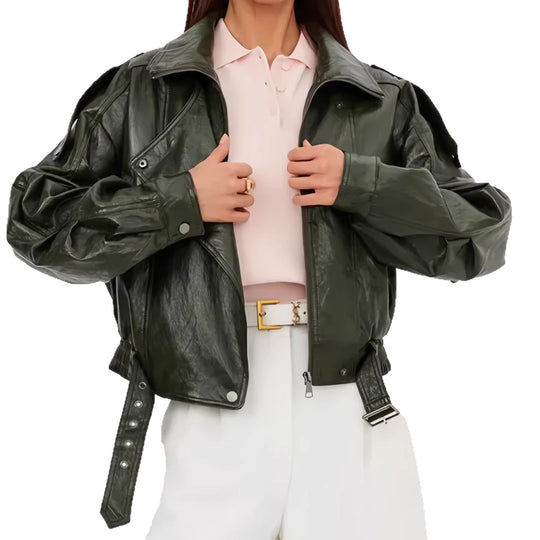 Damen Modische Lederjacke mit Hüftgürtel