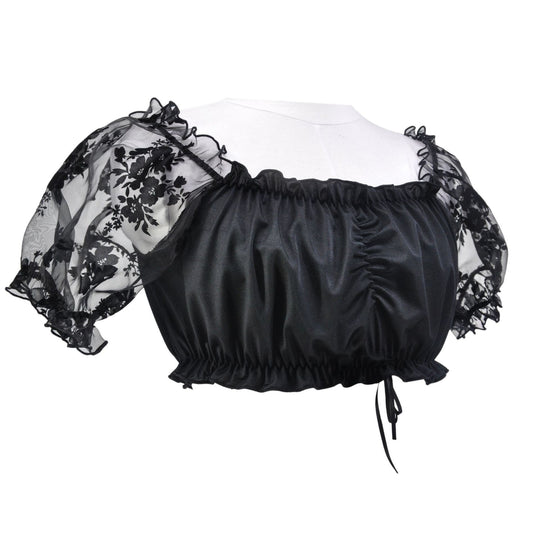 Damen nan Carmen-Dirndlbluse kurz mit geraffter Vorderpartie elastischem Saum und transparenten Puffärmeln Shop Nory