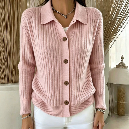 Damen Feiner gerippter Knopf‑Cardigan mit Hemdkragen und kastiger Silhouette Shop Nory