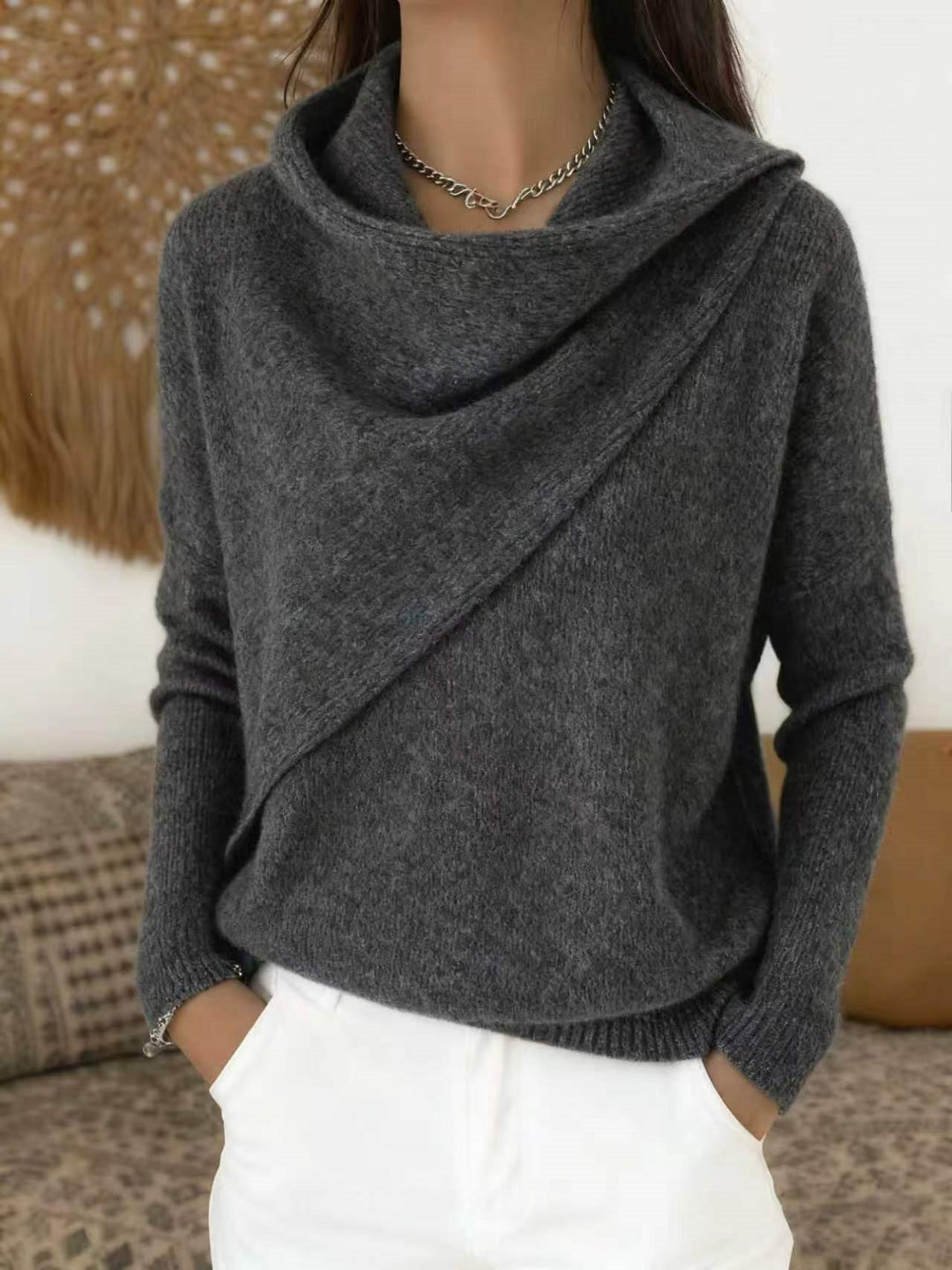 Damen Asymmetrischer Grobstrick-Pullover mit Schalkragen Shop Nory