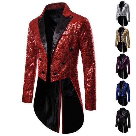 Herren geglitterter Frack mit spitzem Satinrevers, Doppelreiher und verlängertem Schwalbenschwanz Shop Nory