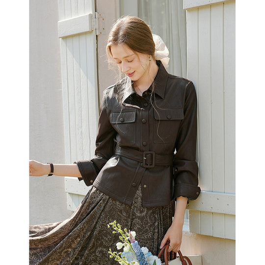 Damen Taillierter Utility-Lederblouson mit Bindegürtel und aufgesetzten Brusttaschen Shop Nory
