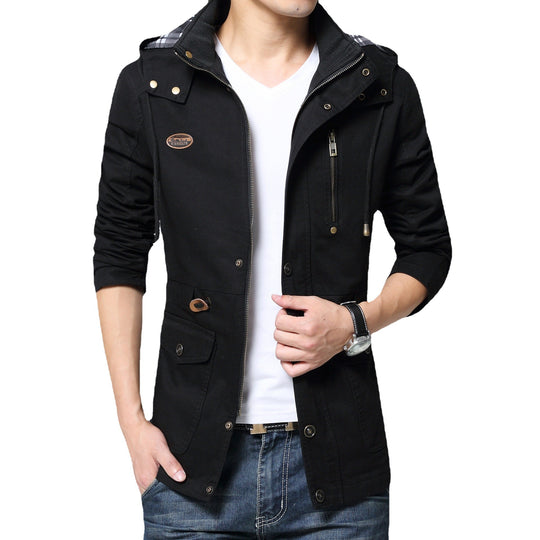 Herren leichter Baumwoll-Militärparka mit Kapuze, Kordzug-Taille und verdeckter Reißverschluss Shop Nory
