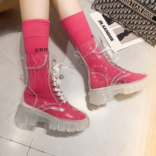 Damen trendige Stiefeletten im transparenten Design mit knalligem Detail