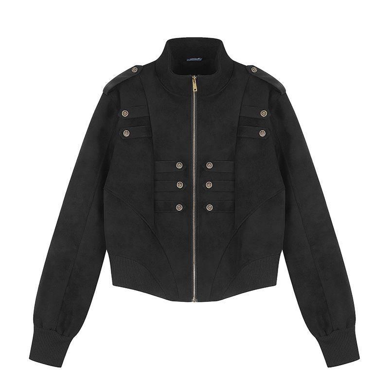 Damen Gekürzte Bomberjacke mit Stehkragen, Schulterpatten und dekorativer Knopfreihe Shop Nory