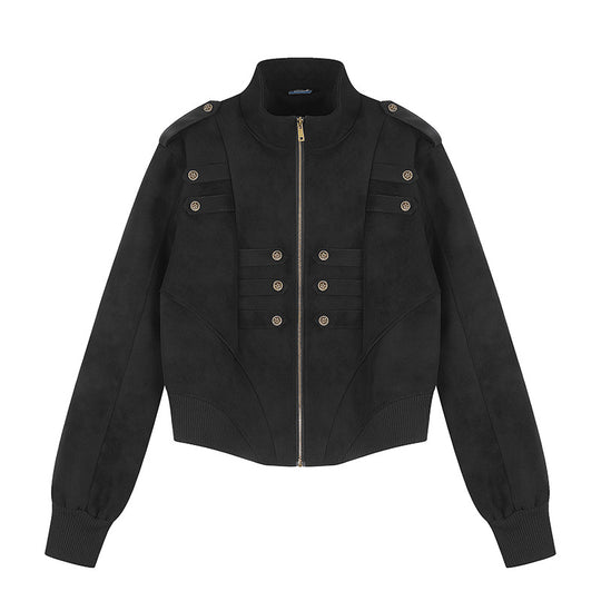 Damen Gekürzte Bomberjacke mit Stehkragen, Schulterpatten und dekorativer Knopfreihe Shop Nory