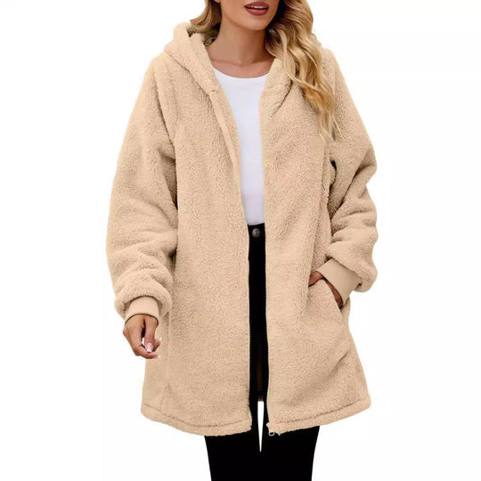 Damen nan midilanger Soft-Teddy Parka mit Kapuze, elastischen Bündchen und Zweiwege-Reißverschluss Shop Nory
