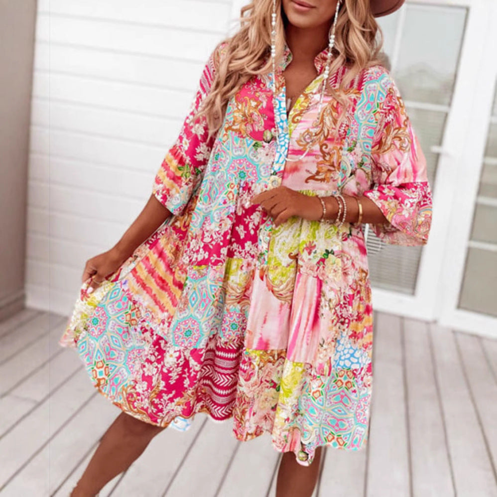 Damen nan Luftiges Stufenkleid im Patchwork-Boho-Stil mit Stehkragen, geraffter Taillennaht und Dreiviertelärmeln