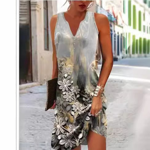 Damen, lässiges Sommerkleid mit V-Ausschnitt und asymmetrischem Saum
