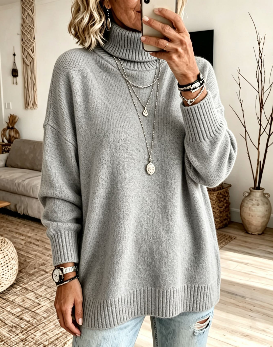 Damen Oversize Rollkragenpullover aus Feinstrick mit gerippten Bündchen und überschnittener Schulter Shop Nory